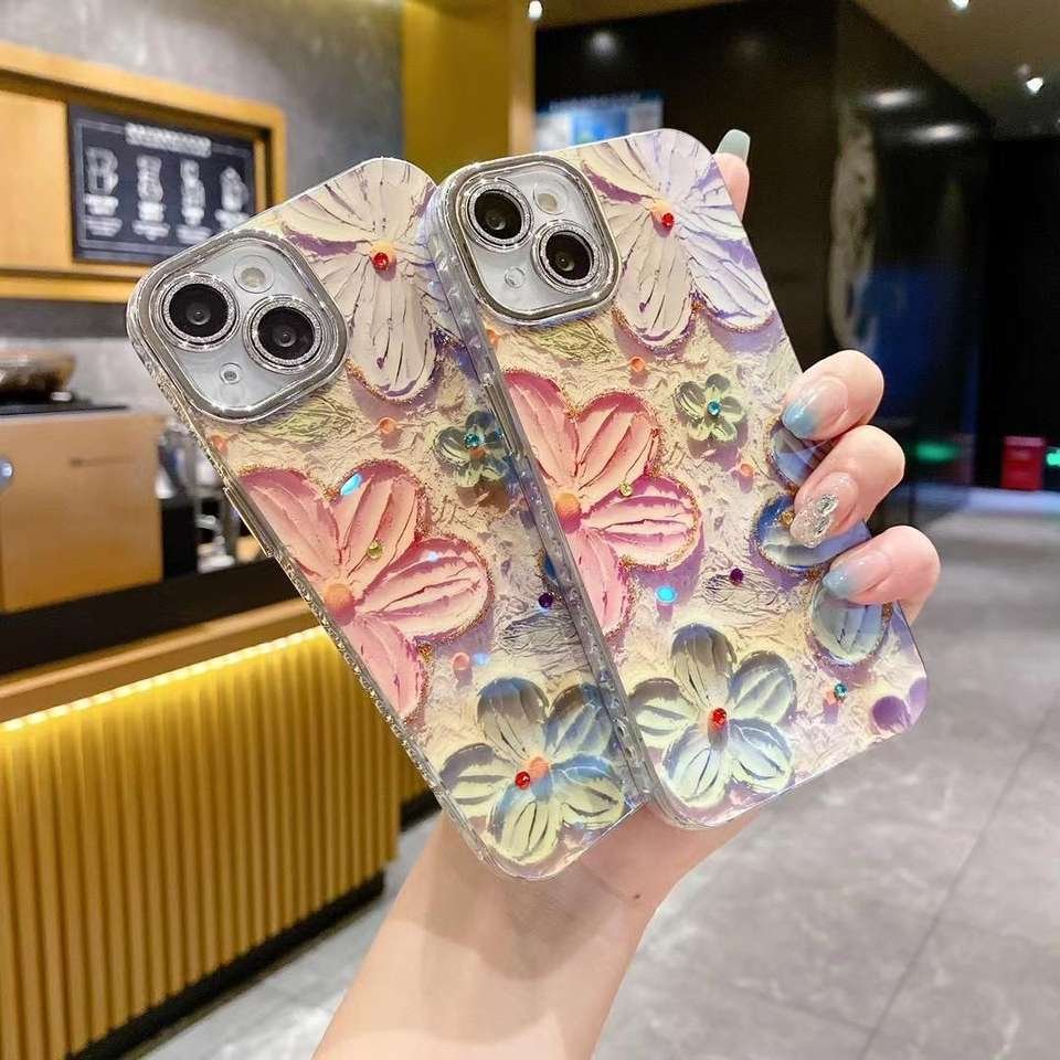 Ha3c2786690e94b3b9ec1147dbd7ecbb0t.jpg_960x960q80.jpg New INS Glitter Lens Film Oil Painting Floral PC Material Protective Shell for 16 Pro Max Shockproof Dot Diamonds Cover - Image 1